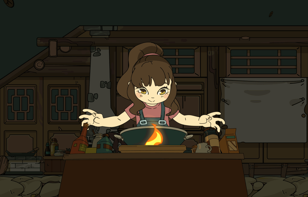望溪镇烹饪动图:穿粉色T恤与蓝色背带裤的女孩在木屋厨房里双手悬于燃烧的铸铁炒锅上方,锅中腾起跃动的橙黄火焰。