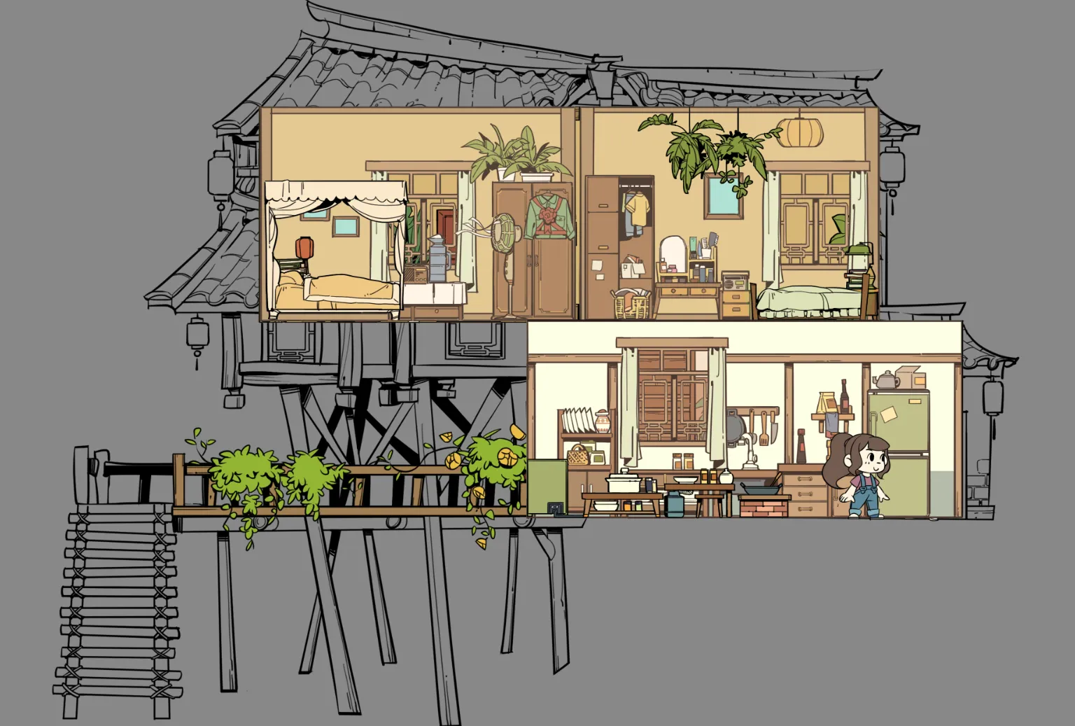 望溪镇场景设计稿:东亚木构民居的剖面图,可见底层厨房与餐厅、二层卧室与书房,屋顶为灰瓦歇山顶。
