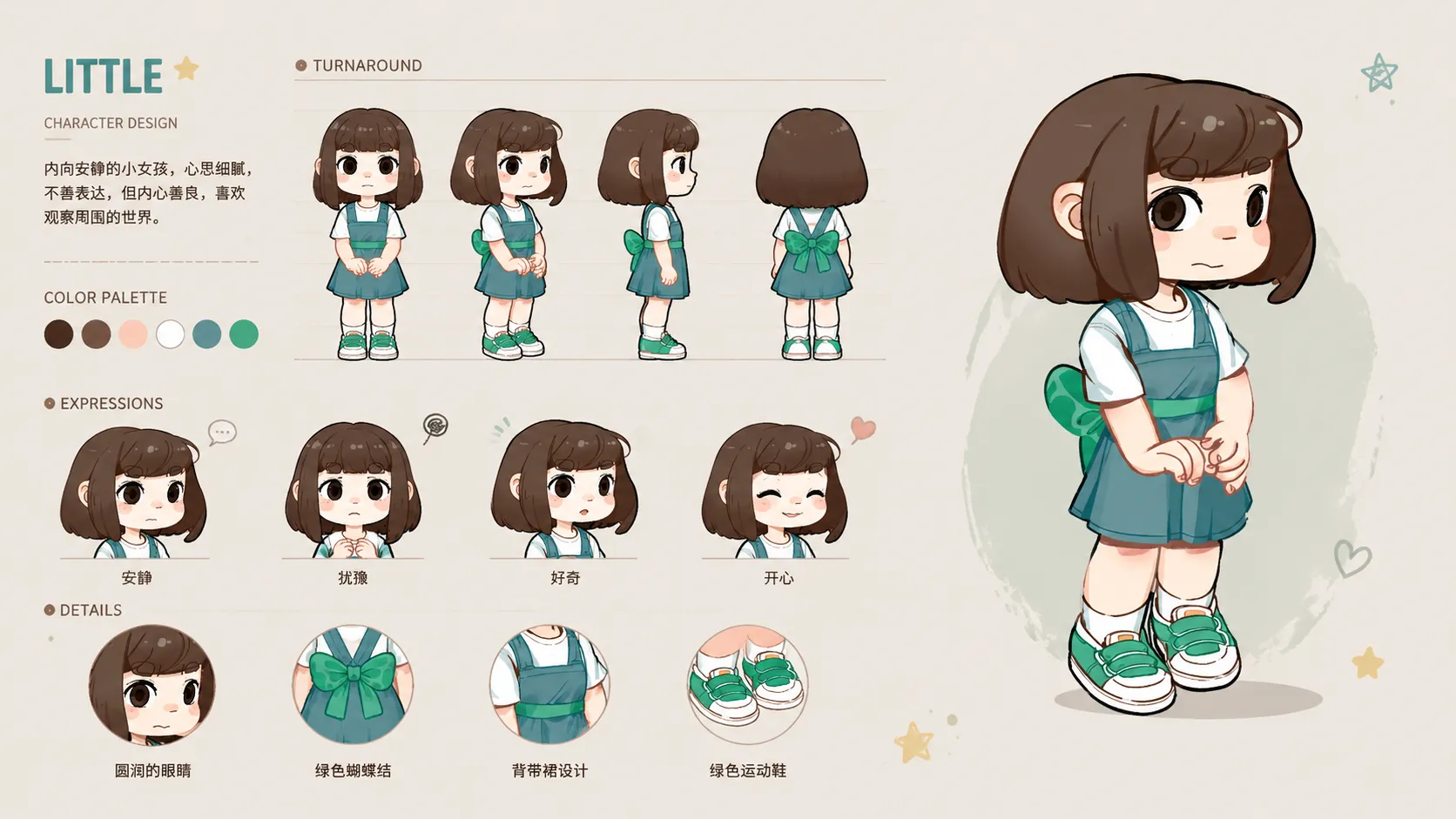 望溪镇角色设计稿:齐肩棕发、内向安静的二头身少女 LITTLE,穿蓝绿背带裙配绿色蝴蝶结,含正侧背四视图与害羞、开心、犹豫等表情。